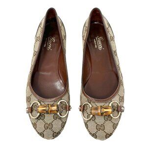 Gucci GG Canvas Bamboo Horsebit Flats Monogram Beige Brown 7.5